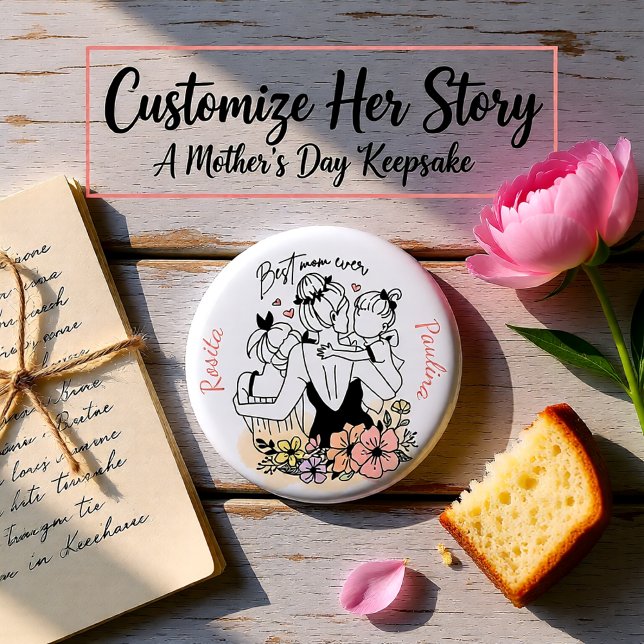 Badge Rond 2,50 Cm Meilleure maman maman jamais maman, enfants et fle (Best Mom Ever Floral Mother & Kids Love Button)