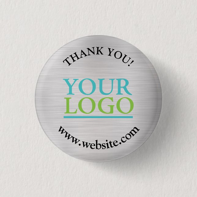 Badge Rond 2,50 Cm Merci, Votre Logo, Nom Site Web, Argent Brossé (Devant)