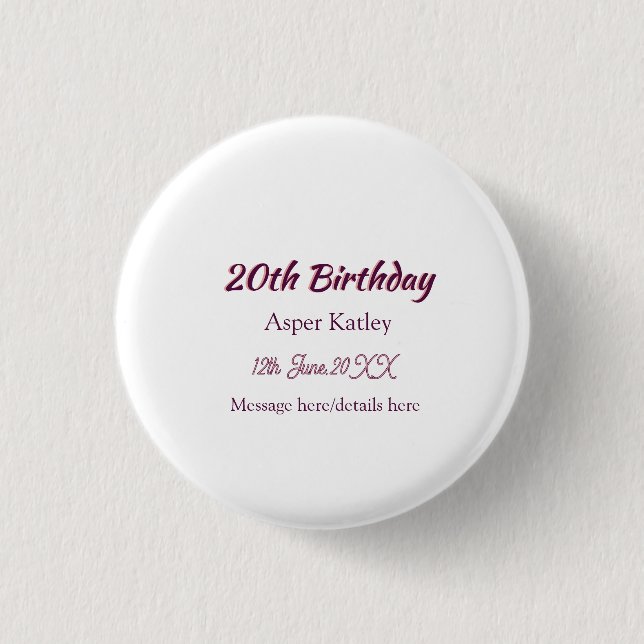 Badge Rond 2,50 Cm Message simple nom date rose violet pour 20e anniv (Devant)