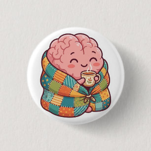 Badge Rond 2,50 Cm Mignon Cerveau Douillet Buvant du Café Santé Menta