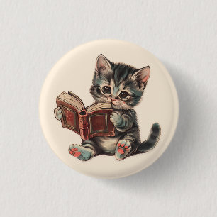 Badge Rond 2,50 Cm Mignonne chat lecture livre enfants rétro illustra