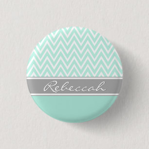 Badge Rond 2,50 Cm Mint Green White Chevron Zigzag Motif Grey Nom