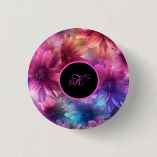 Badge Rond 2,50 Cm Modèle floral néon avec Monogramme
