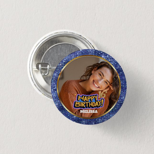 Badge Rond 2,50 Cm Modern Blue & Gold Glitter Photo 16th Birthday (Devant & derrière)