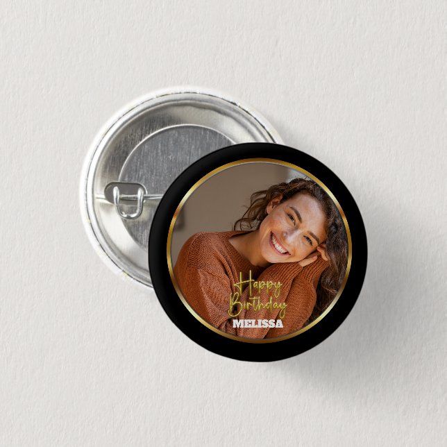 Badge Rond 2,50 Cm Modern Elegant Black & Gold Photo Name Birthday (Devant & derrière)