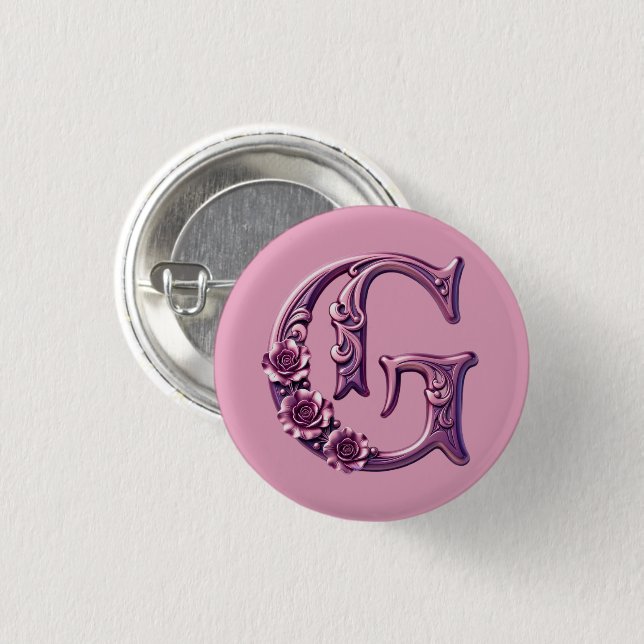 Badge Rond 2,50 Cm Modern Metallic Rosemaling Letter G, Pink/Purple (Devant & derrière)