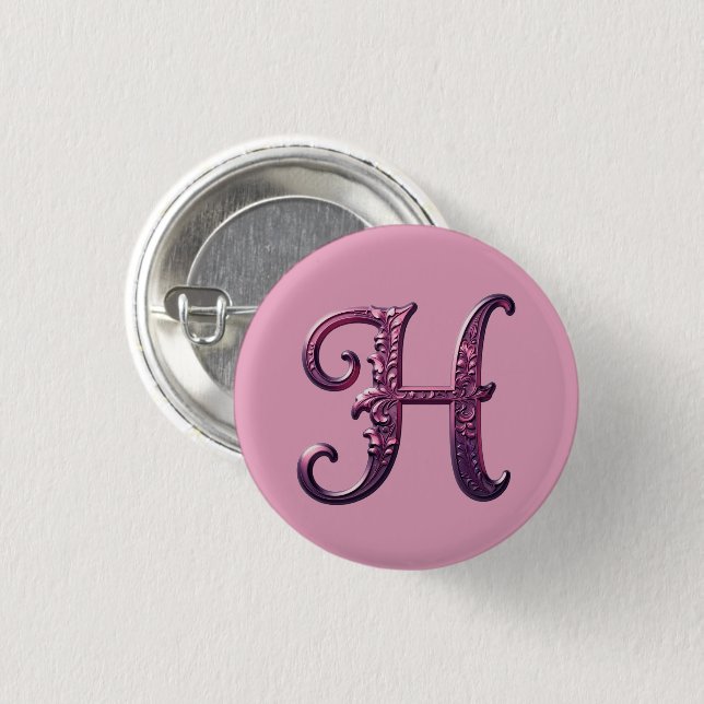 Badge Rond 2,50 Cm Modern Metallic Rosemaling Letter H, Pink/Purple (Devant & derrière)