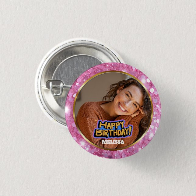Badge Rond 2,50 Cm Modern Pink and Gold Glitter Photo Name Birthday (Devant & derrière)