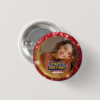 Badge Rond 2,50 Cm Modern Red and Gold Glitter Photo Name Birthday