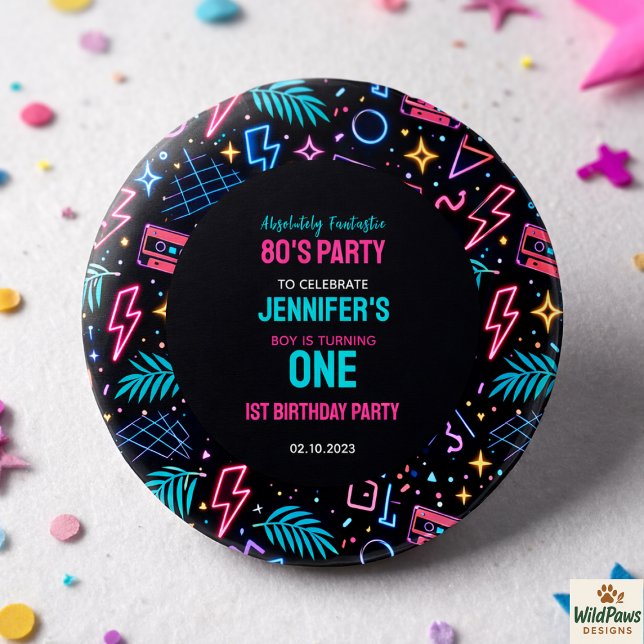 Badge Rond 2,50 Cm Modern Retro Neon 80’s 1st Birthday Party (Modern Retro Neon 80’s 1st Birthday Party Button)