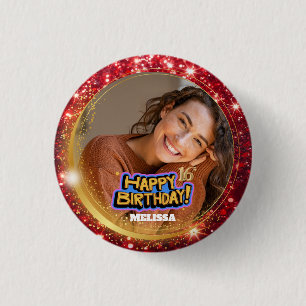 Badge Rond 2,50 Cm Moderne Anniversaire 16 Ans Photo Nom Paillettes R
