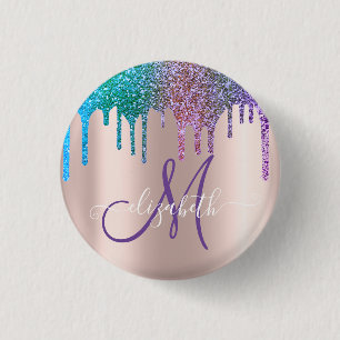Badge Rond 2,50 Cm Moderne Élégant Paillettes Gouttes Rose Or Monogra