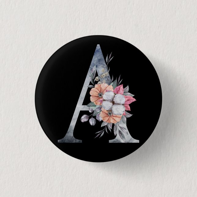 Badge Rond 2,50 Cm Monogram A Floral Bleus (Devant)