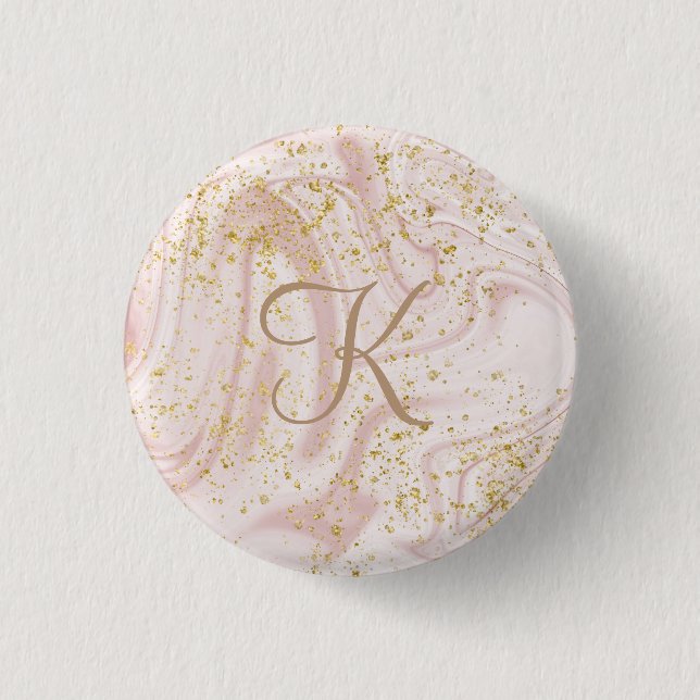 Badge Rond 2,50 Cm Monogram Pink and White Marble Swirl Gold Glitter (Devant)