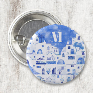 Badge Rond 2,50 Cm Monogramme d'aquarelle de Santorin Grèce