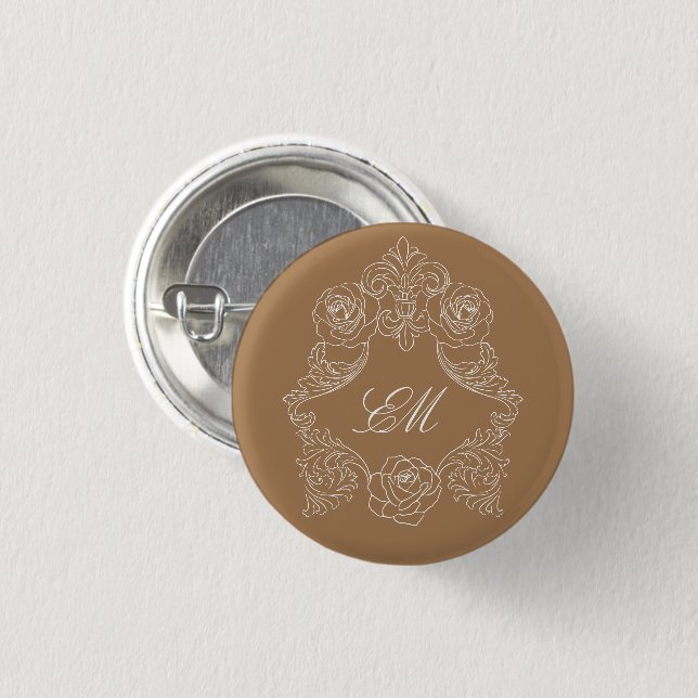 Badge Rond 2,50 Cm Monogramme de Crête Rococo Brun Doré (Devant & derrière)