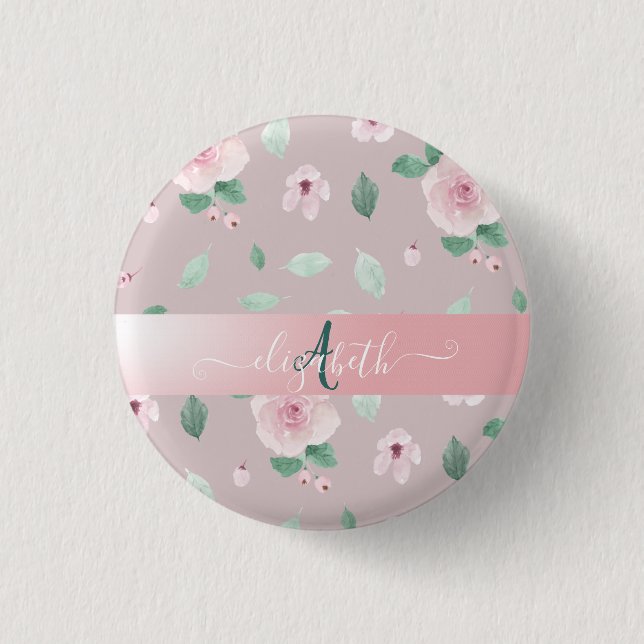 Badge Rond 2,50 Cm Monogramme de fleurs à l'aquarelle chic (Devant)