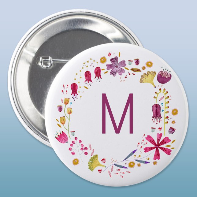 Badge Rond 2,50 Cm Monogramme de fleurs d'aquarelle moderne (Modern monogram initial personalized watercolor wildflower floral button)