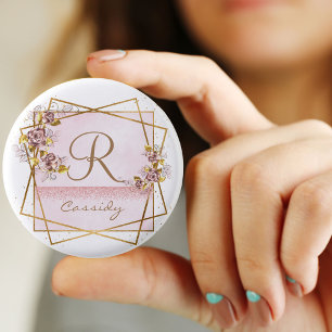 Badge Rond 2,50 Cm Monogramme de rose pailleté or rose élégant