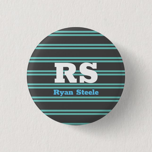 Badge Rond 2,50 Cm Monogramme et nom gras, lignes sarcelle clair sur  (Devant)