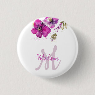 Badge Rond 2,50 Cm Monogramme Floral Magenta