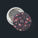 Badge Rond 2,50 Cm Monogramme Floral rose noire<br><div class="desc">Joli boho lâche peinture florale rose sur un arrière - plan gris foncé. Changez le monogramme initial pour customiser.</div>