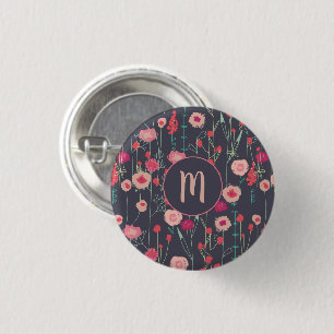 Badge Rond 2,50 Cm Monogramme Floral rose noire