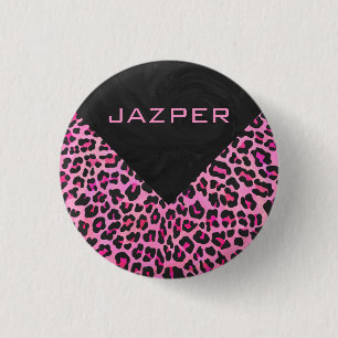 Badge Rond 2,50 Cm Monogramme Leopard noir et rose chaud
