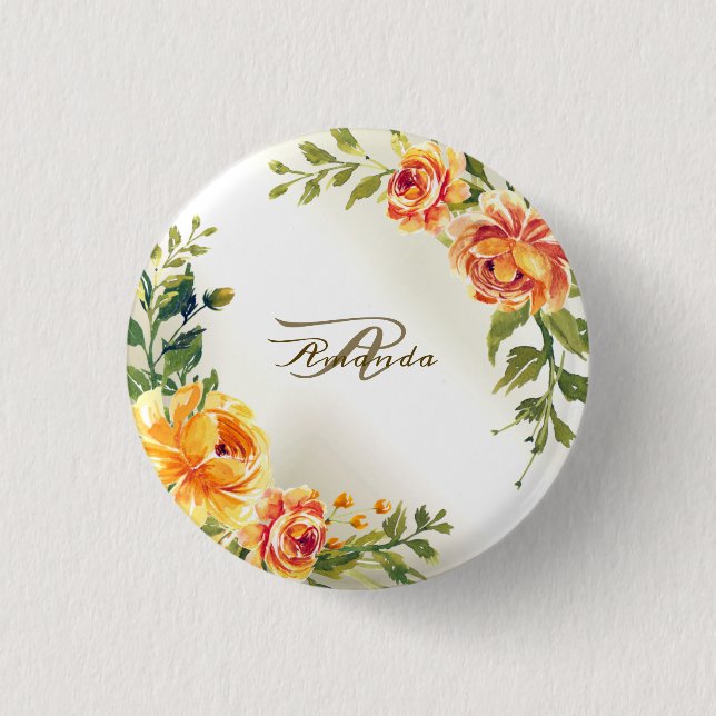 Badge Rond 2,50 Cm Monogramme Nom Orange Jaune Floral Vert Moderne (Devant)