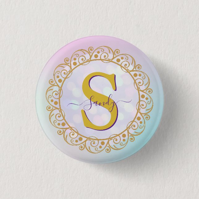 Badge Rond 2,50 Cm Monogramme personnalisé Mandala Gold et bleu (Devant)