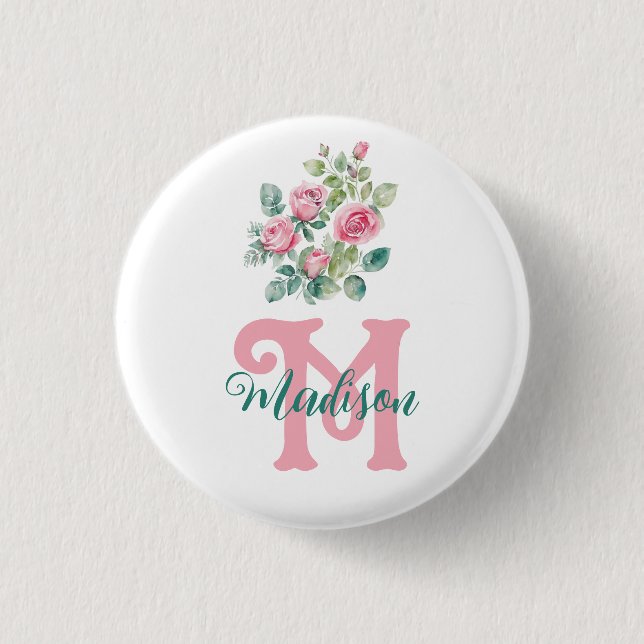 Badge Rond 2,50 Cm Monogramme rose rose (Devant)
