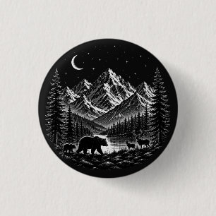 Badge Rond 2,50 Cm Montagne Mystique Nuit de Style Linogravure Sauvag