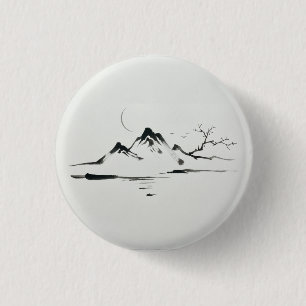Badge Rond 2,50 Cm "Montagnes au clair de lune : Paysage Sumi-e"