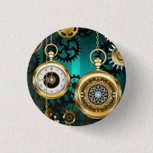 Badge Rond 2,50 Cm Montre de bijouterie Steampunk sur un fond vert