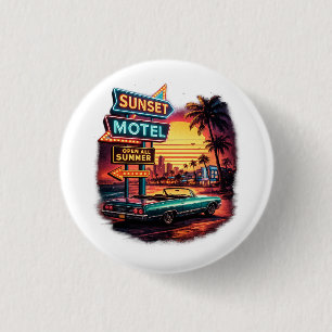 Badge Rond 2,50 Cm Motel Sunset Ouvert Toute la Nuit Design Rétro