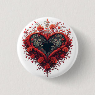Badge Rond 2,50 Cm Motif de cœur floral rouge avec des fleurs épanoui