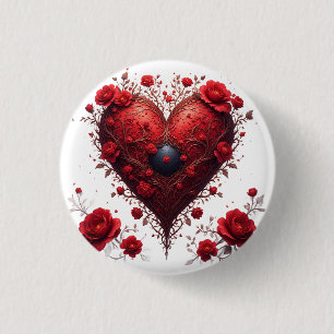 Badge Rond 2,50 Cm Motif de cœur floral rouge avec des fleurs épanoui