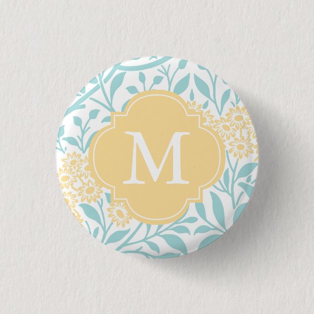 Badge Rond 2,50 Cm Motif de Damas Floral d'Aqua Jaune Monogrammé (Devant)