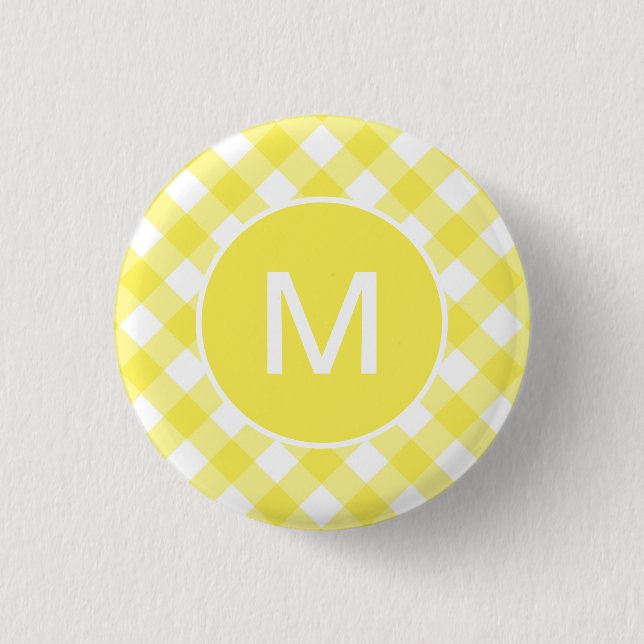 Badge Rond 2,50 Cm Motif de Gingham Classique Jaune Clair Monogrammé (Devant)
