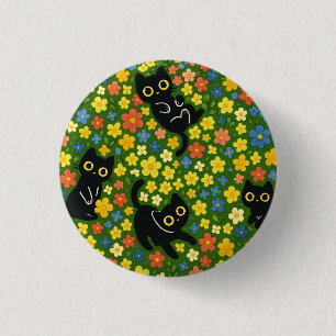 Badge Rond 2,50 Cm Motif de pré fleuri avec de jolis chats noirs