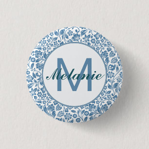 Badge Rond 2,50 Cm Motif Floral Bleu Blanc Personnalisé Vintage
