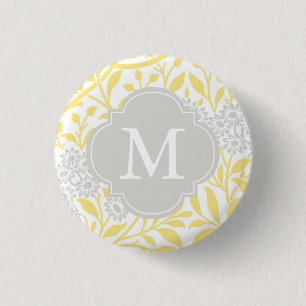 Badge Rond 2,50 Cm Motif floral gris jaune décoré d'un monogramme