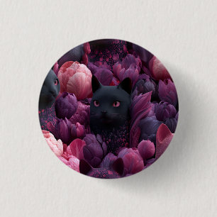 Badge Rond 2,50 Cm Motif floral surréaliste de chat noir et de pivoin