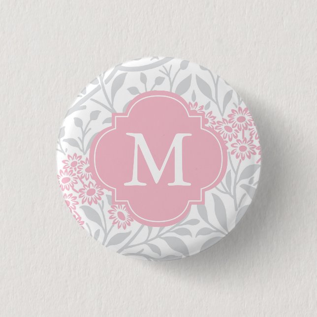 Badge Rond 2,50 Cm Motif monogramme gris rose floral Damas (Devant)