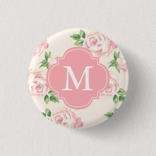 Badge Rond 2,50 Cm Motif vintage rose de roses décoré d'un monogram