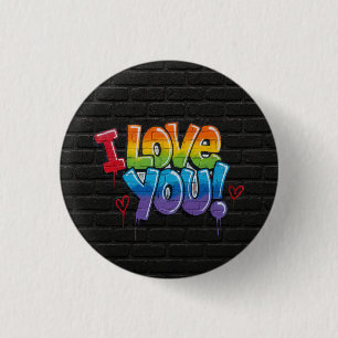 Badge Rond 2,50 Cm Mur de briques noir avec graffiti « Je t'aime ! »