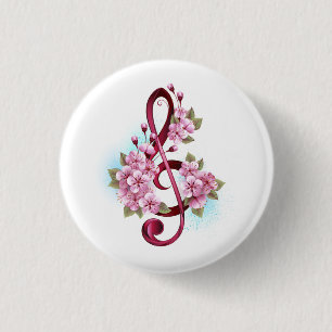 Badge Rond 2,50 Cm Musical treble clef notes with sakura flowers
