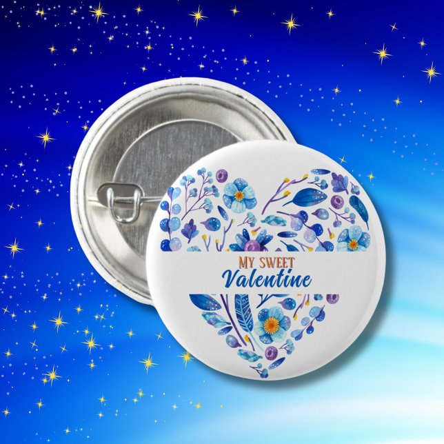 Badge Rond 2,50 Cm My Sweet Valentine Botanical Blue Floral Heart (Créateur téléchargé)