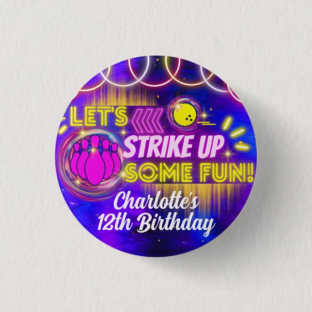 Badge Rond 2,50 Cm Neon Glow Purple Girl's Bowling Birthday Party (Devant)