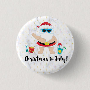 Badge Rond 2,50 Cm Noël en juillet avec le Père Noël à la plage